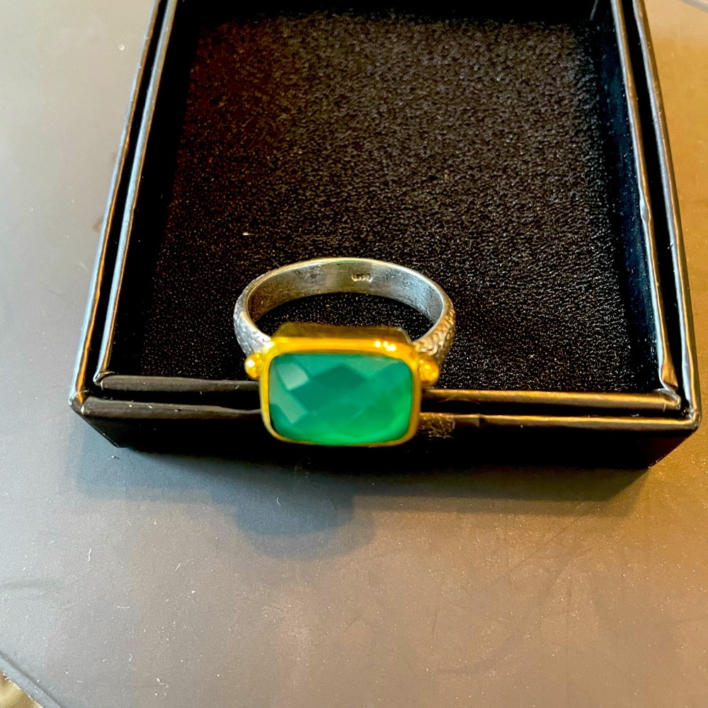 Large Sterling Silver /gold (plated) ring w/ jade colored stone